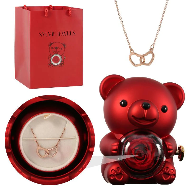 Ours Rose Éternelle Avec Collier Gravé
