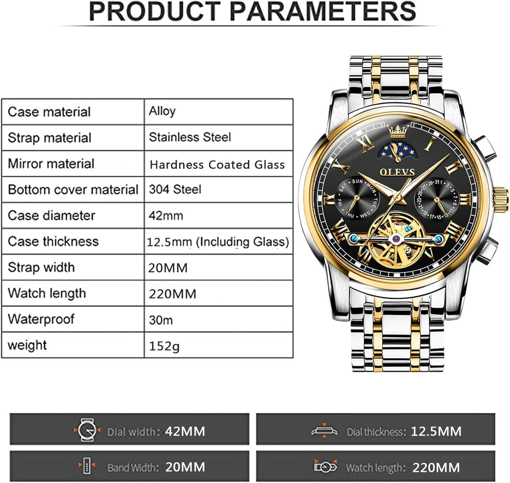 Automatic Mechanical Watches for Men Self Winding Waterproof Stainless Steel Men'S Wrist Watches Luxury Expensive Watch,Adjustable Bracelet (Gift Tool)