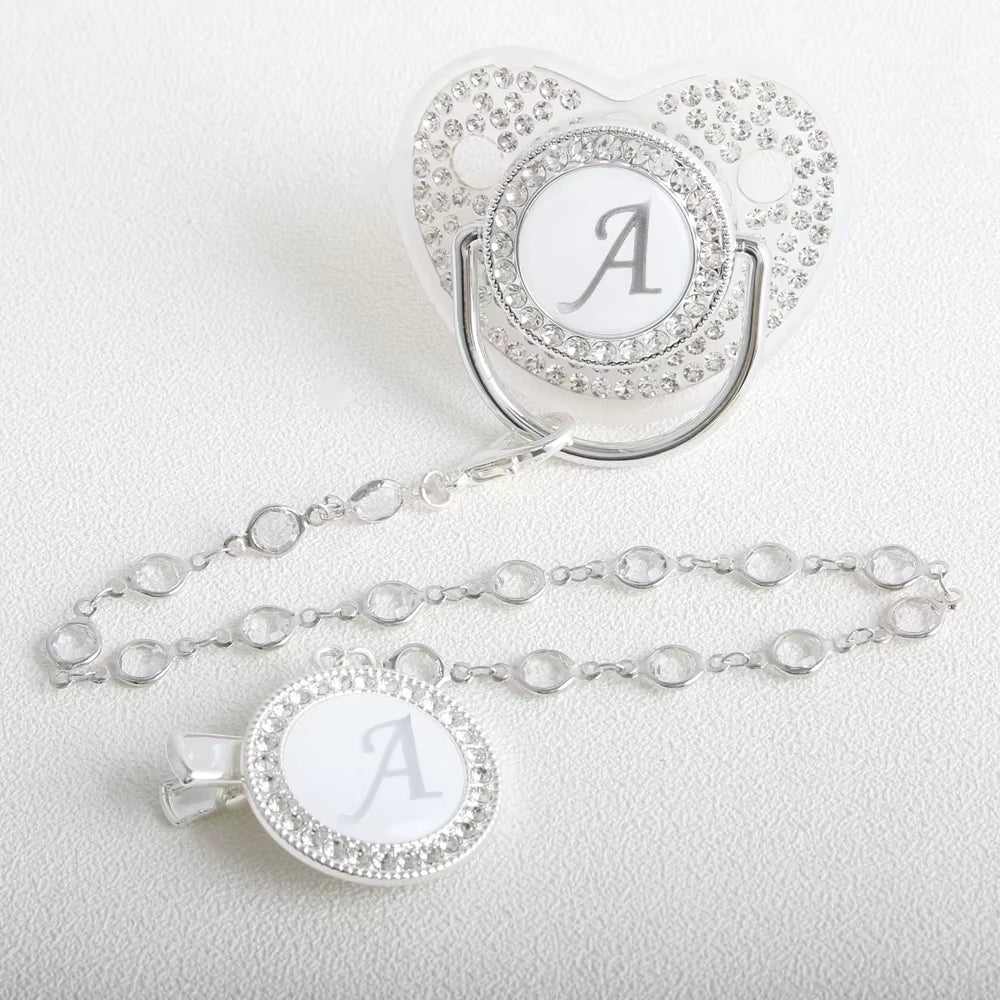 26 Initial Letter Transparent Baby Pacifier with Chain BPA Free Luxury Silver Dummy Soother