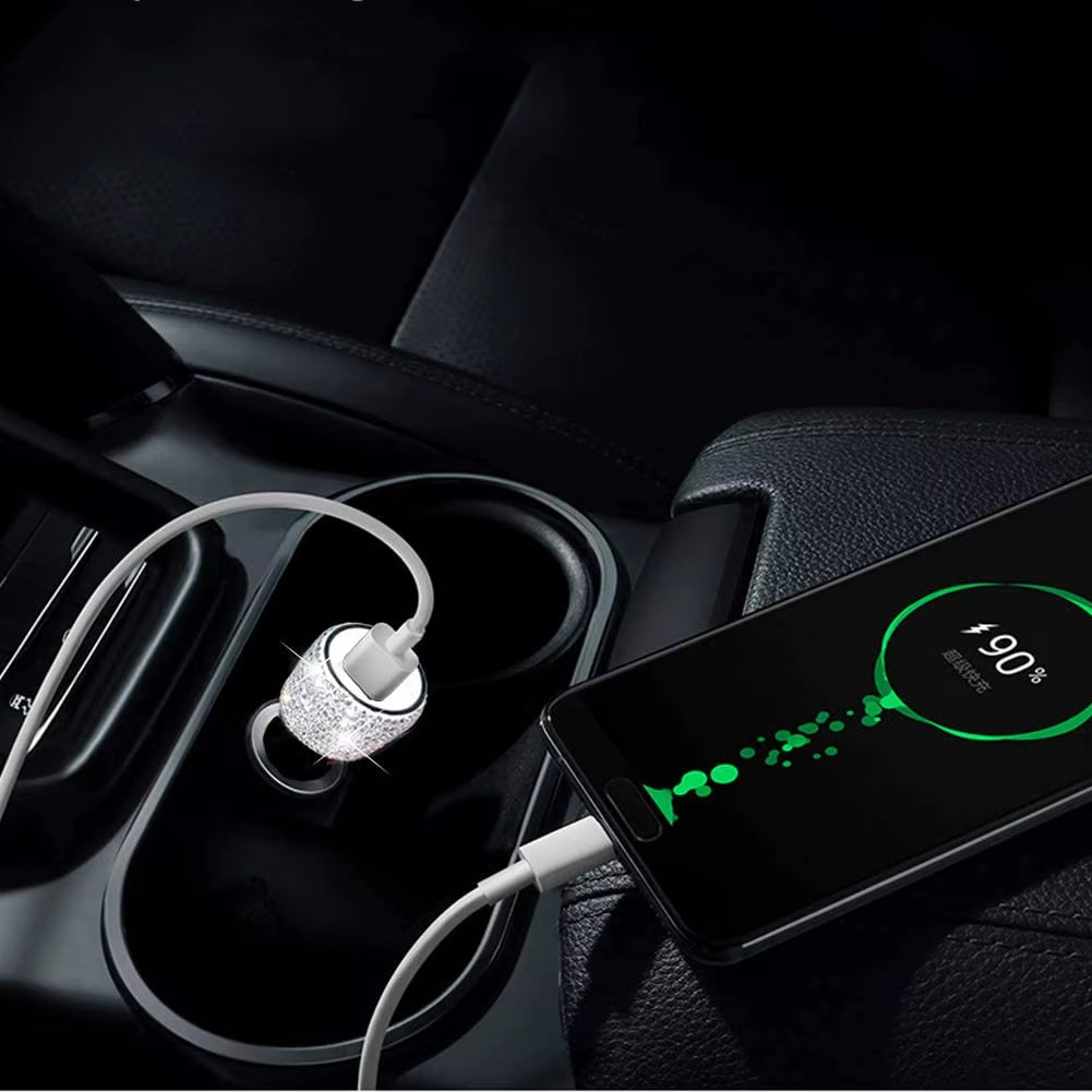Dual USB Car Charger Bling Bling Handmade Rhinestones Crystal Car Decorations for Fast Charging Car Decors for Iphone/Samsung