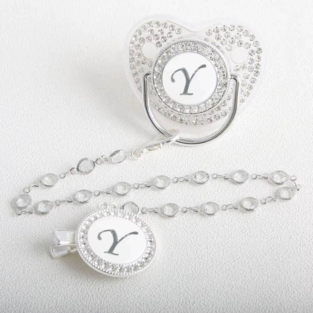 26 Initial Letter Transparent Baby Pacifier with Chain BPA Free Luxury Silver Dummy Soother