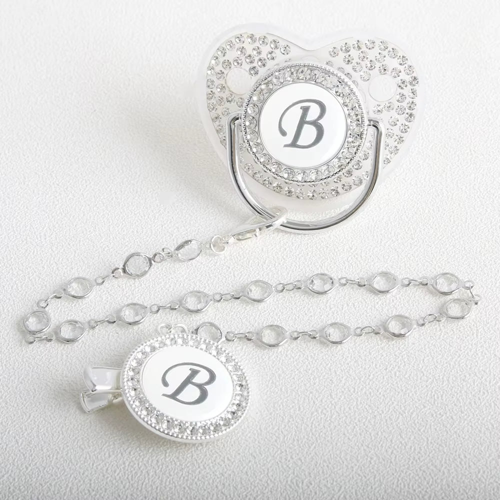 26 Initial Letter Transparent Baby Pacifier with Chain BPA Free Luxury Silver Dummy Soother