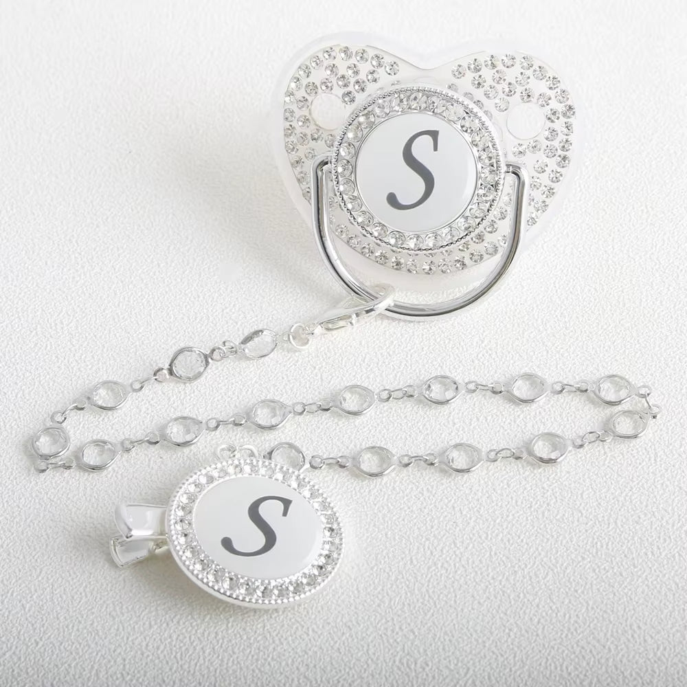 26 Initial Letter Transparent Baby Pacifier with Chain BPA Free Luxury Silver Dummy Soother
