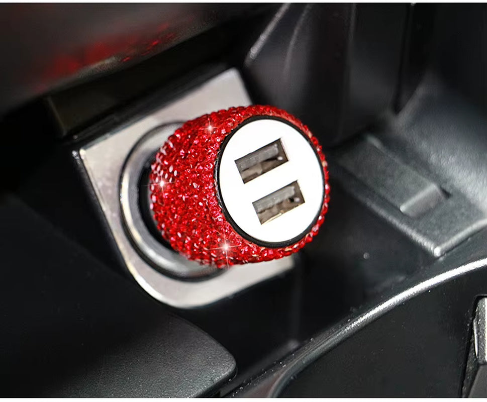Dual USB Car Charger Bling Bling Handmade Rhinestones Crystal Car Decorations for Fast Charging Car Decors for Iphone/Samsung