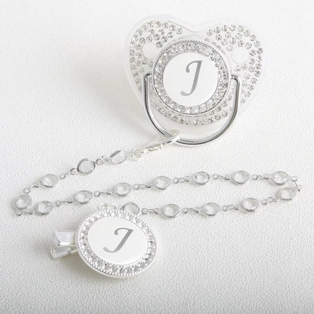 26 Initial Letter Transparent Baby Pacifier with Chain BPA Free Luxury Silver Dummy Soother