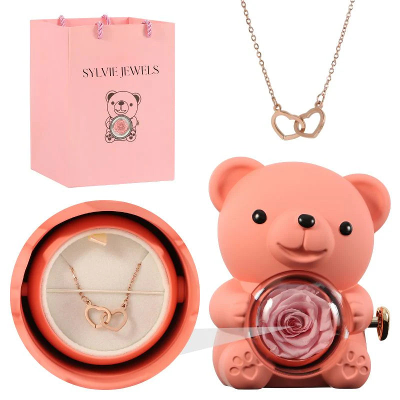 Ours Rose Éternelle Avec Collier Gravé