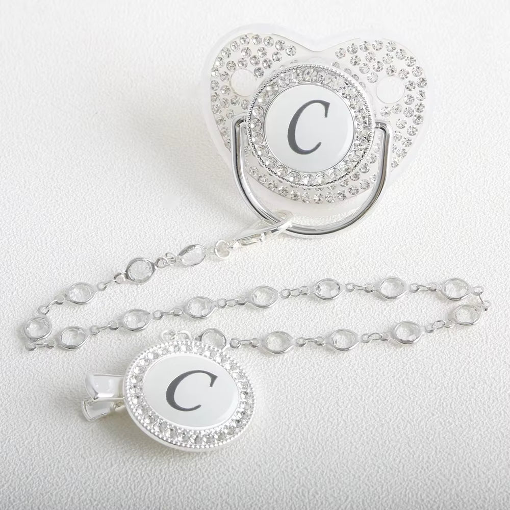 26 Initial Letter Transparent Baby Pacifier with Chain BPA Free Luxury Silver Dummy Soother