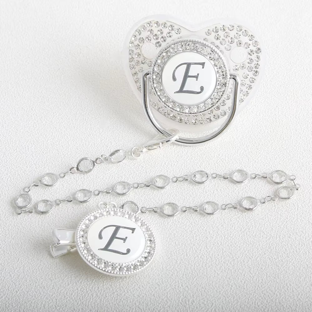 26 Initial Letter Transparent Baby Pacifier with Chain BPA Free Luxury Silver Dummy Soother