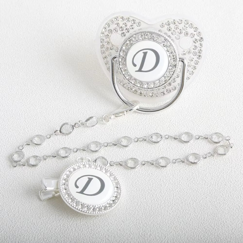 26 Initial Letter Transparent Baby Pacifier with Chain BPA Free Luxury Silver Dummy Soother