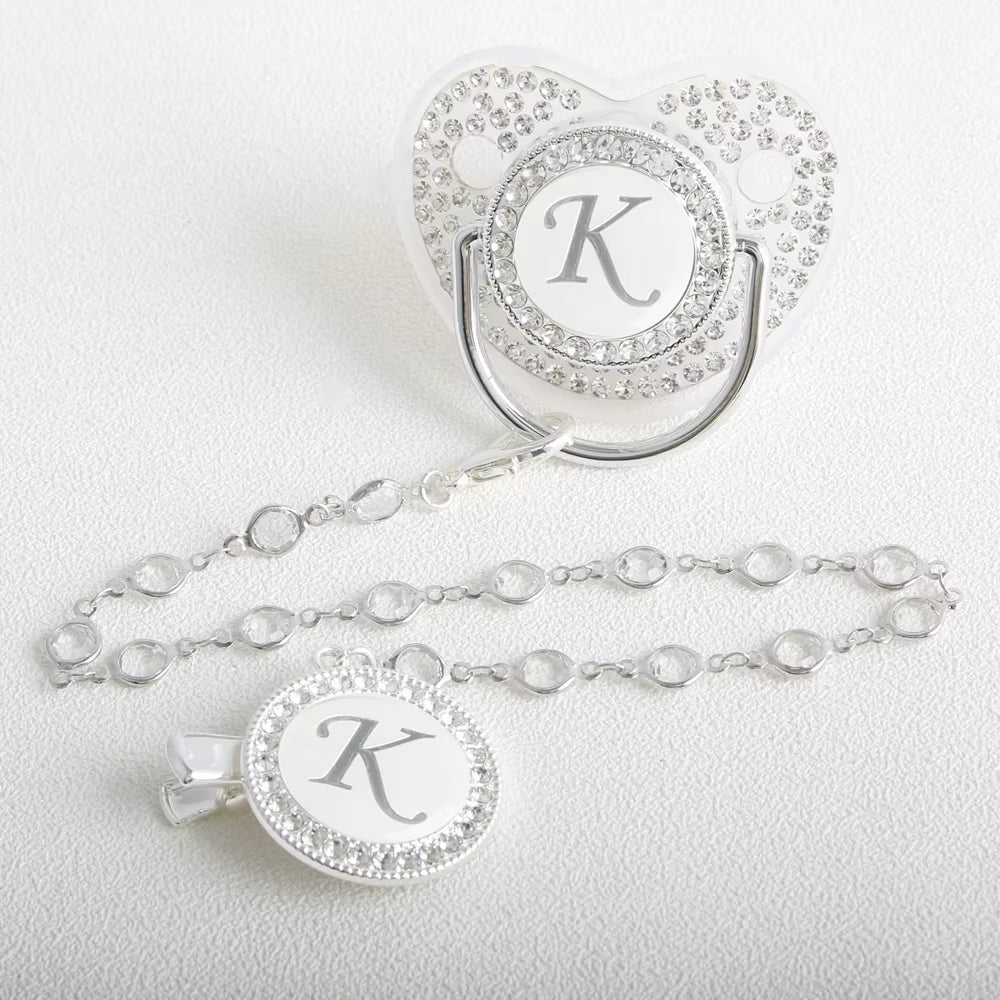 26 Initial Letter Transparent Baby Pacifier with Chain BPA Free Luxury Silver Dummy Soother