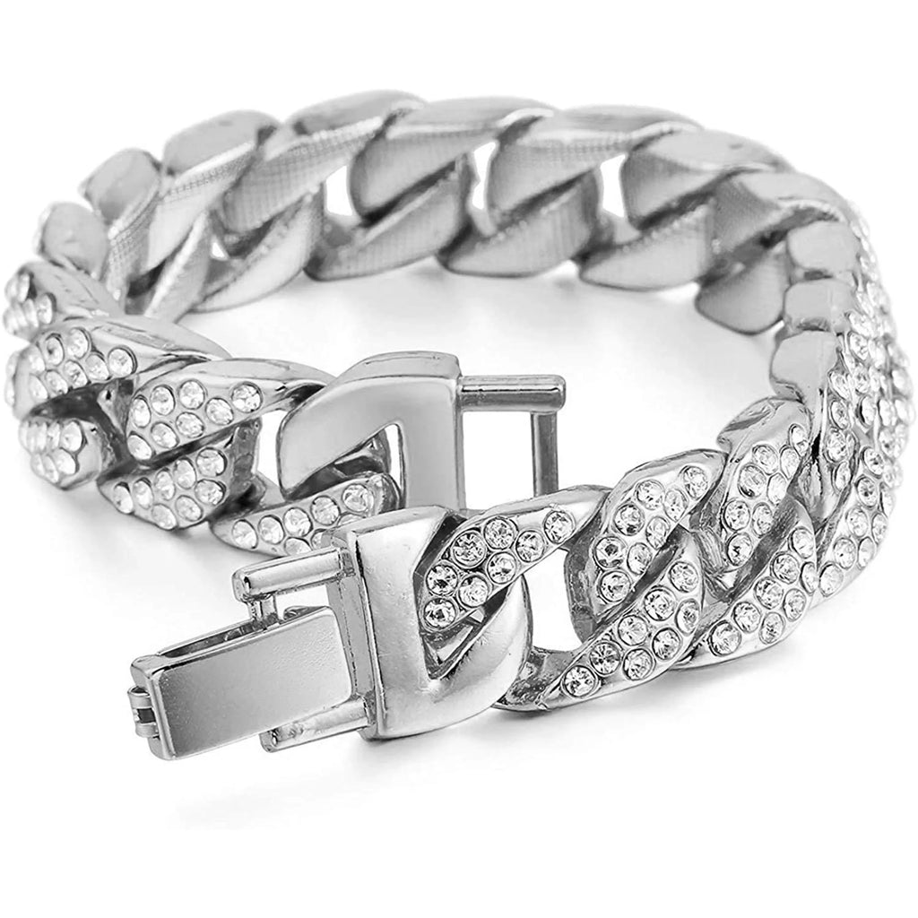 Silver Plated Bling-Ed Out Oblong Case Metal Mens Watch W/Matching Cuban Chain Bracelet, Cuban Necklace, Tennis Chain & Ring Size 9-8967CRNTS (9)