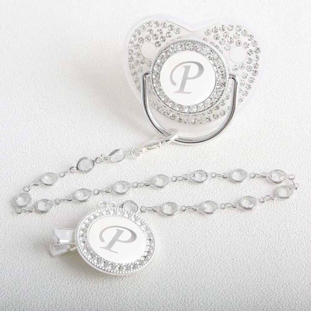 26 Initial Letter Transparent Baby Pacifier with Chain BPA Free Luxury Silver Dummy Soother