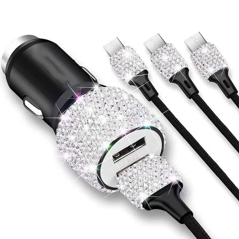 Dual USB Car Charger Bling Bling Handmade Rhinestones Crystal Car Decorations for Fast Charging Car Decors for Iphone/Samsung