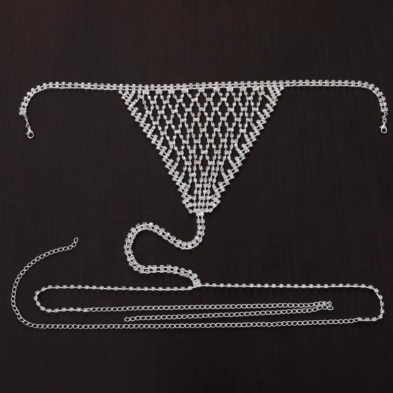 Stonefans Boho Rhinestone Grid Chest Chain and Thong Jewellery Lingerie Panties Women'S Harness Bra Sexy Mesh Bodies Accessories