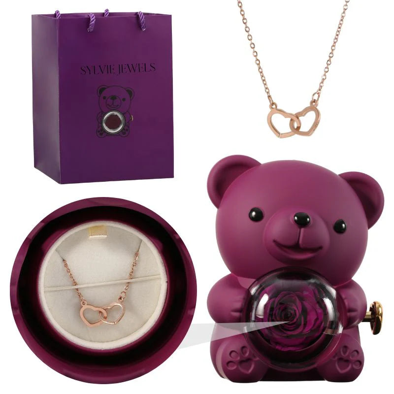 Ours Rose Éternelle Avec Collier Gravé