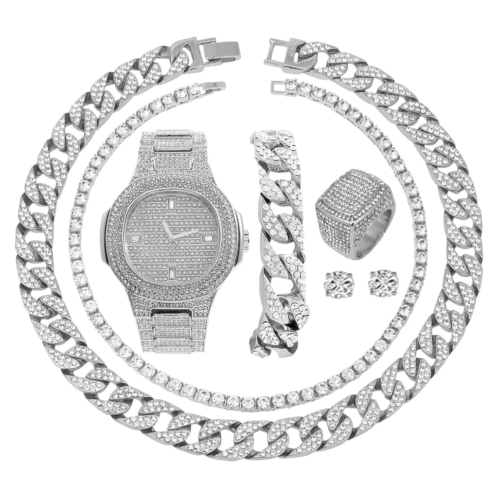 Silver Plated Bling-Ed Out Oblong Case Metal Mens Watch W/Matching Cuban Chain Bracelet, Cuban Necklace, Tennis Chain & Ring Size 9-8967CRNTS (9)