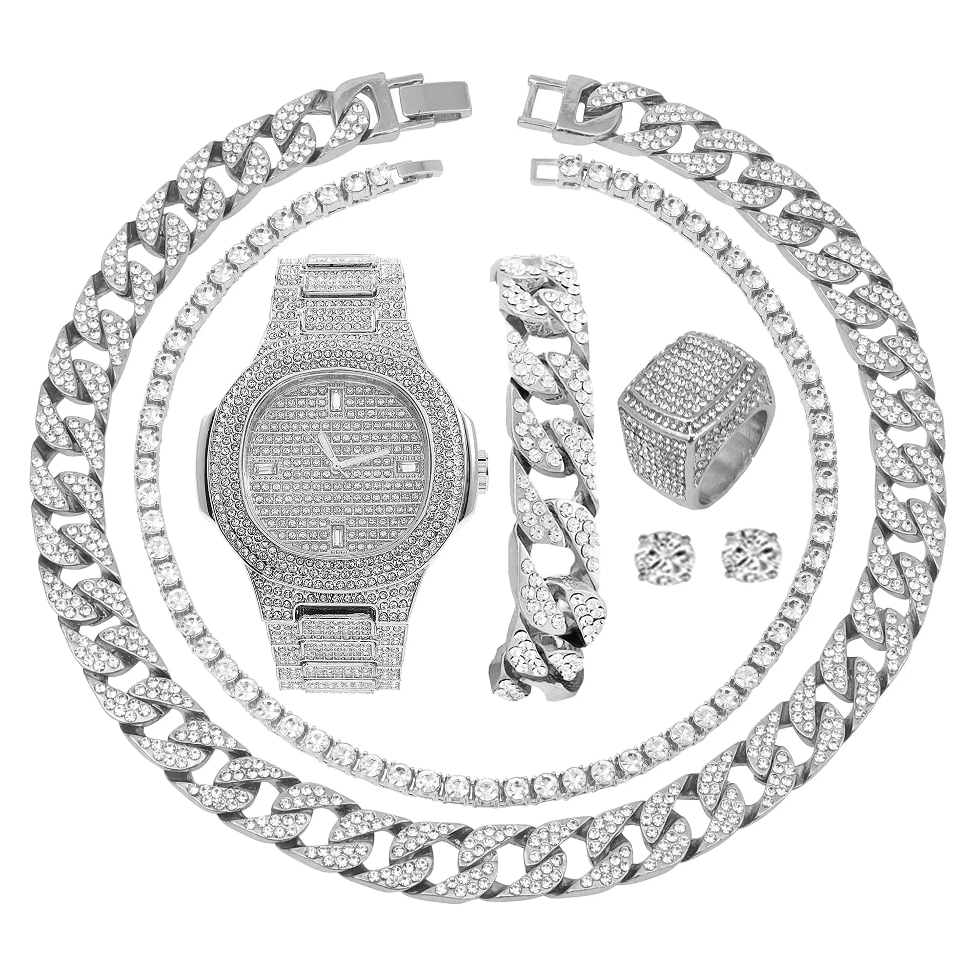 Silver Plated Bling-Ed Out Oblong Case Metal Mens Watch W/Matching Cuban Chain Bracelet, Cuban Necklace, Tennis Chain & Ring Size 9-8967CRNTS (9)