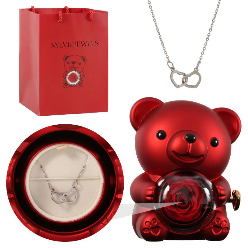 Ours Rose Éternelle Avec Collier Gravé