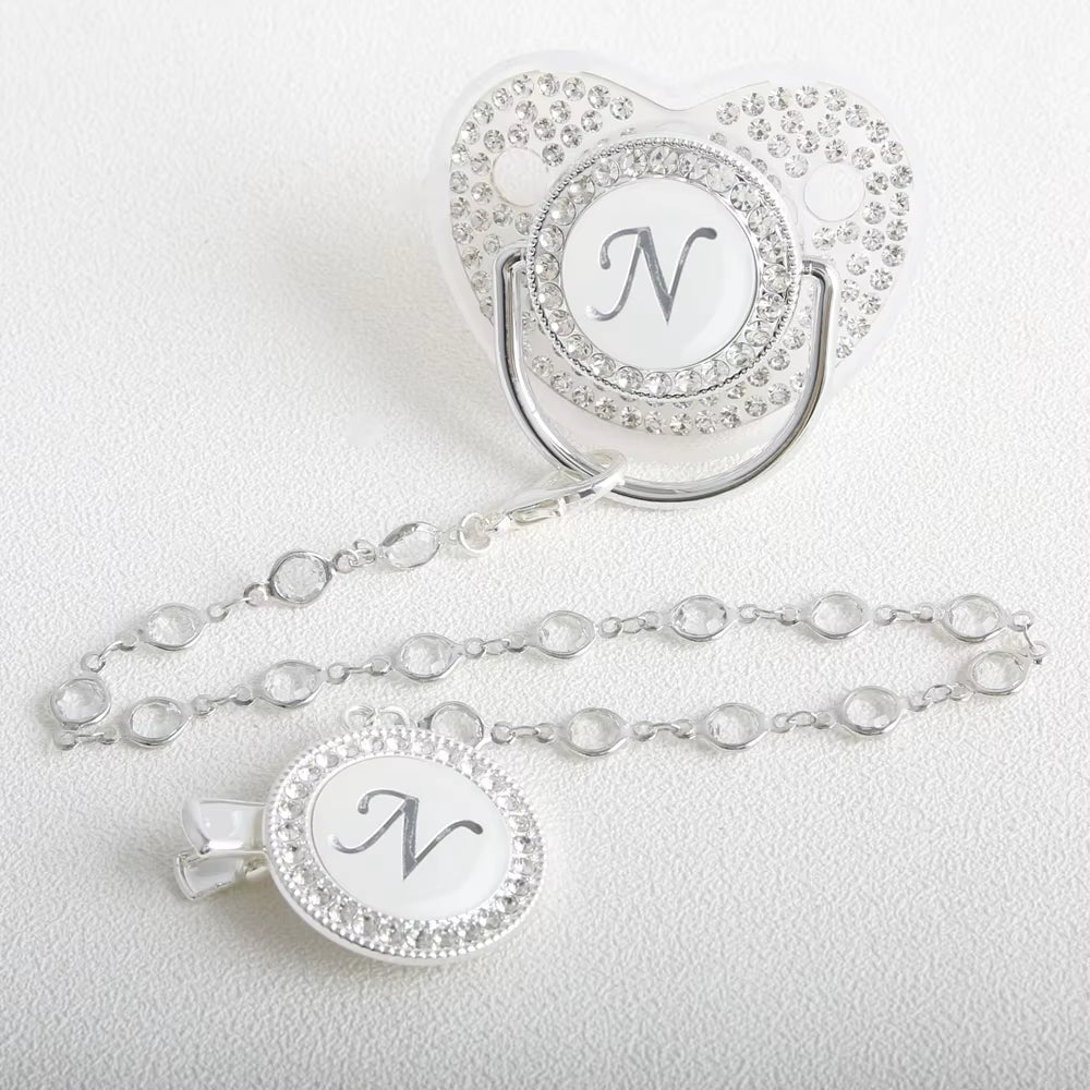 26 Initial Letter Transparent Baby Pacifier with Chain BPA Free Luxury Silver Dummy Soother