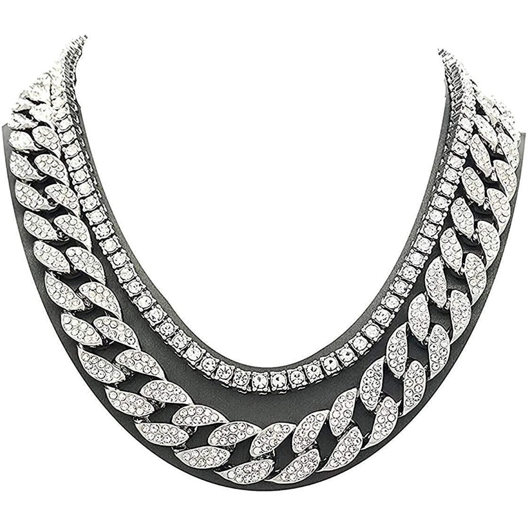 Silver Plated Bling-Ed Out Oblong Case Metal Mens Watch W/Matching Cuban Chain Bracelet, Cuban Necklace, Tennis Chain & Ring Size 9-8967CRNTS (9)