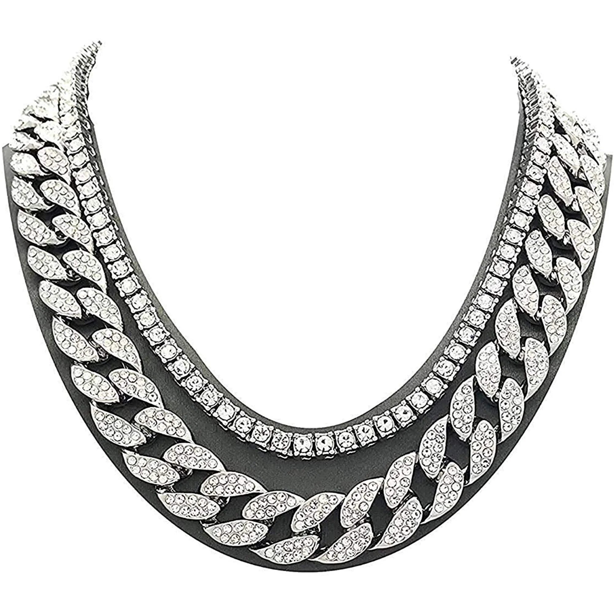 Silver Plated Bling-Ed Out Oblong Case Metal Mens Watch W/Matching Cuban Chain Bracelet, Cuban Necklace, Tennis Chain & Ring Size 9-8967CRNTS (9)