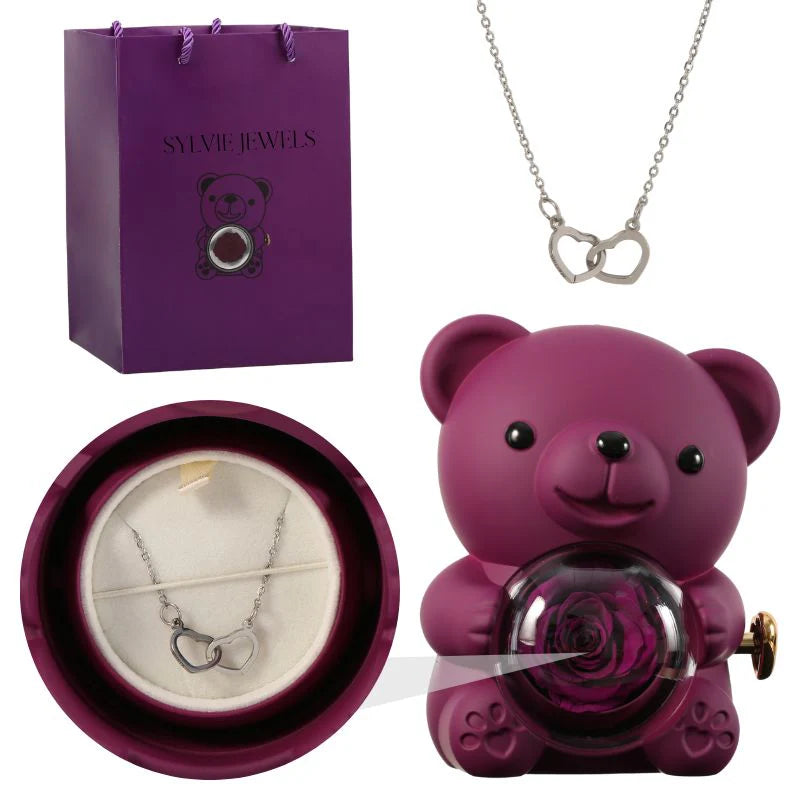 Ours Rose Éternelle Avec Collier Gravé