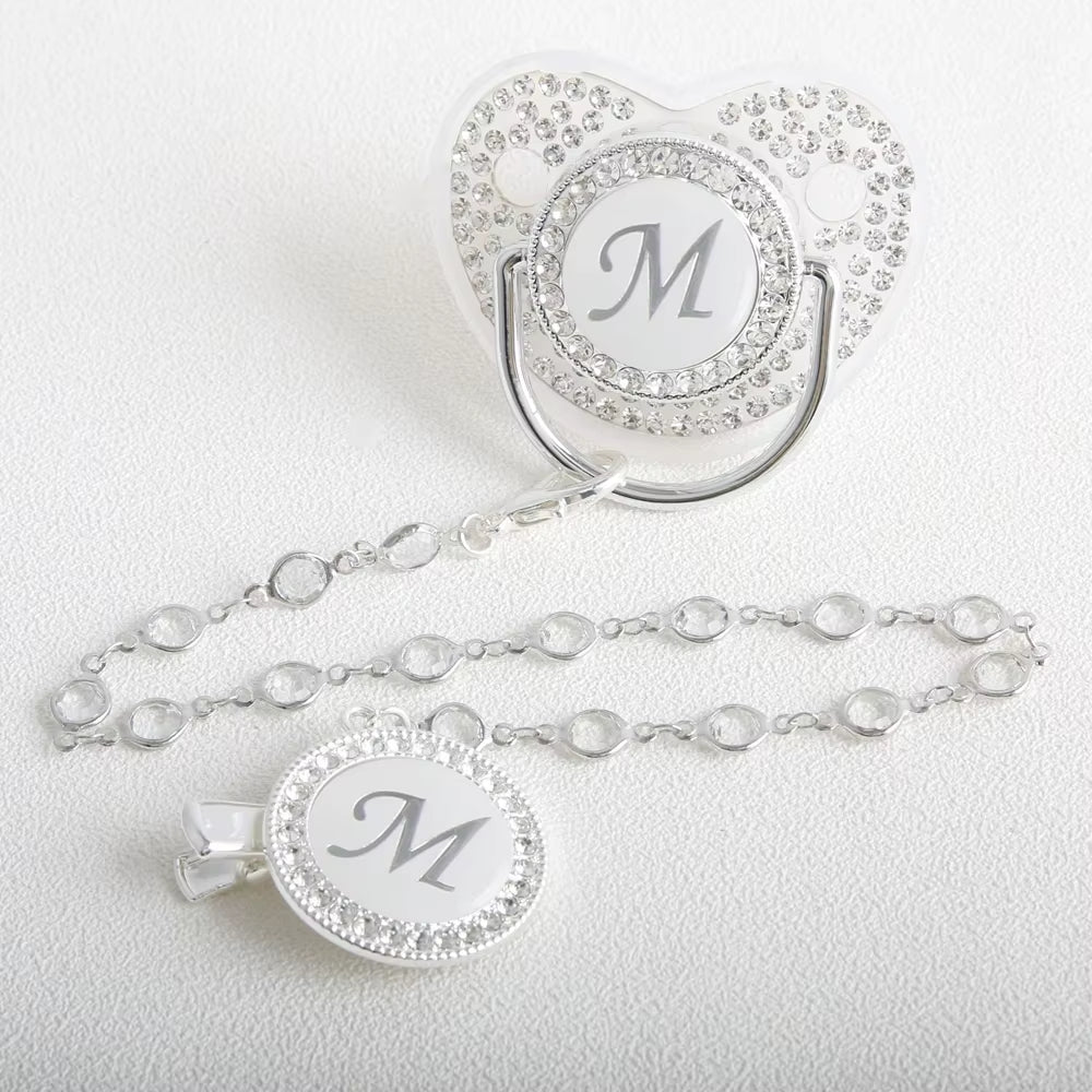 26 Initial Letter Transparent Baby Pacifier with Chain BPA Free Luxury Silver Dummy Soother
