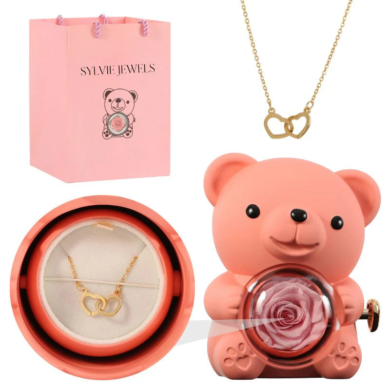 Ours Rose Éternelle Avec Collier Gravé