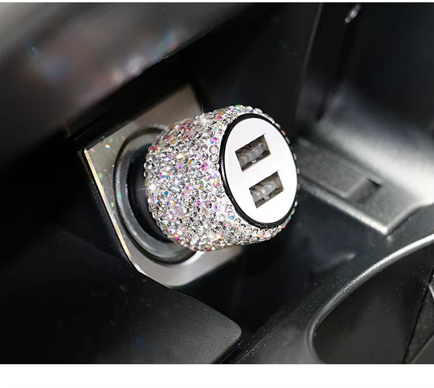 Dual USB Car Charger Bling Bling Handmade Rhinestones Crystal Car Decorations for Fast Charging Car Decors for Iphone/Samsung