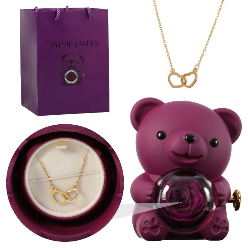 Ours Rose Éternelle Avec Collier Gravé
