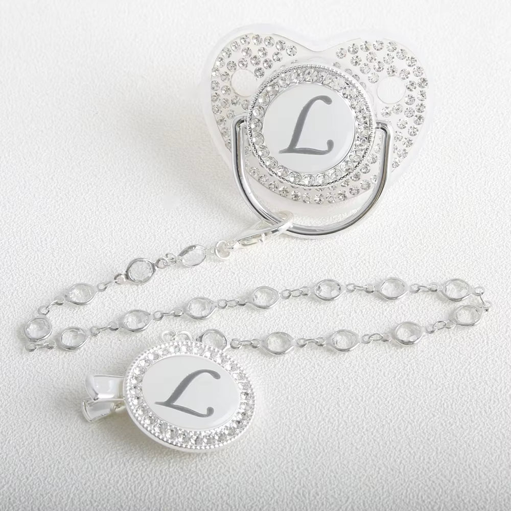 26 Initial Letter Transparent Baby Pacifier with Chain BPA Free Luxury Silver Dummy Soother
