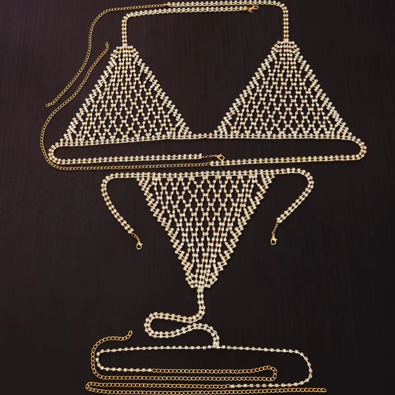 Stonefans Boho Rhinestone Grid Chest Chain and Thong Jewellery Lingerie Panties Women'S Harness Bra Sexy Mesh Bodies Accessories