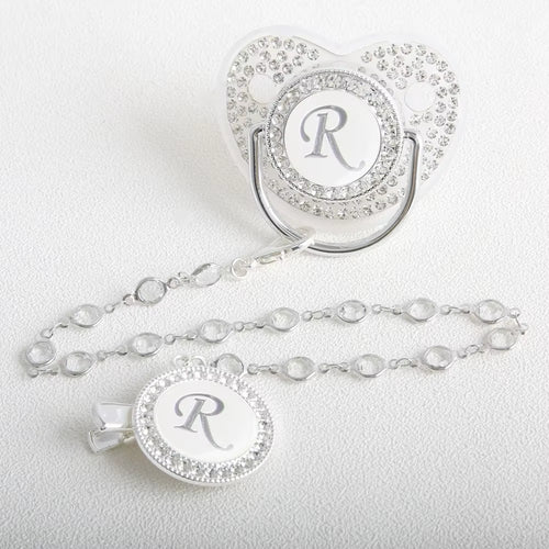 26 Initial Letter Transparent Baby Pacifier with Chain BPA Free Luxury Silver Dummy Soother