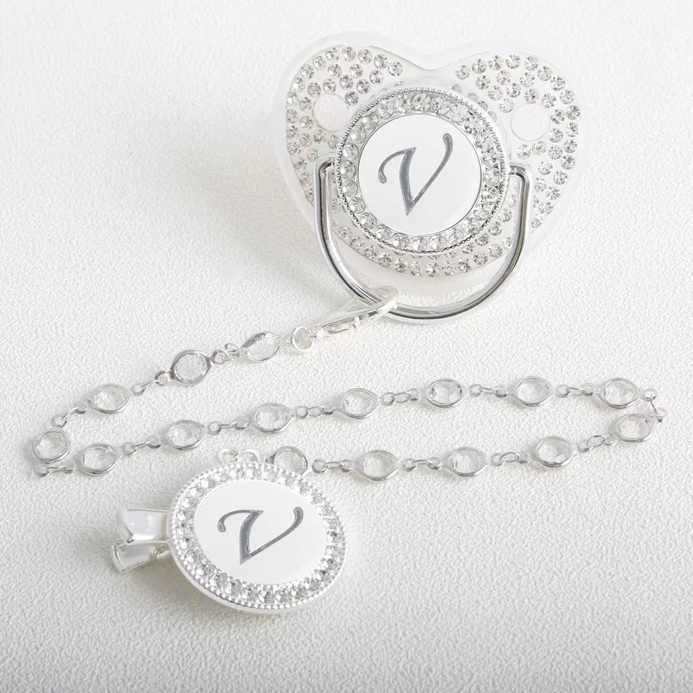 26 Initial Letter Transparent Baby Pacifier with Chain BPA Free Luxury Silver Dummy Soother