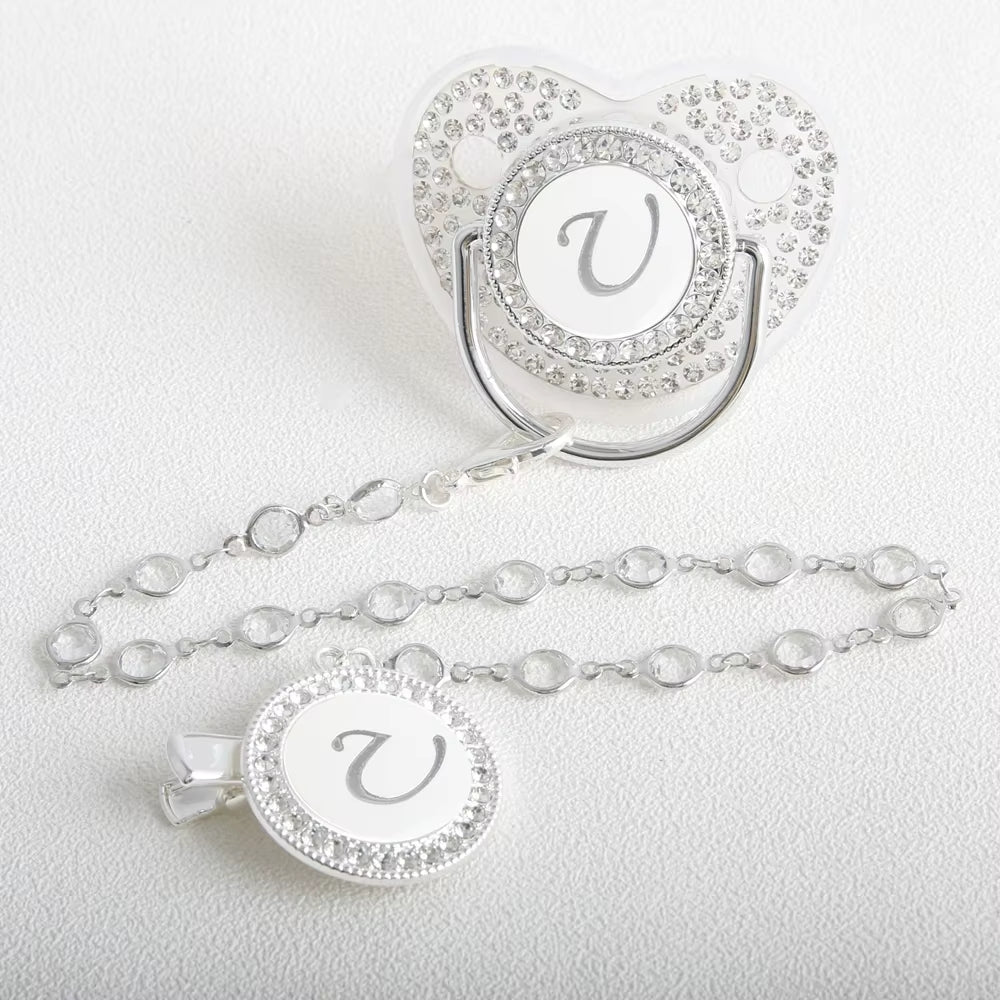26 Initial Letter Transparent Baby Pacifier with Chain BPA Free Luxury Silver Dummy Soother