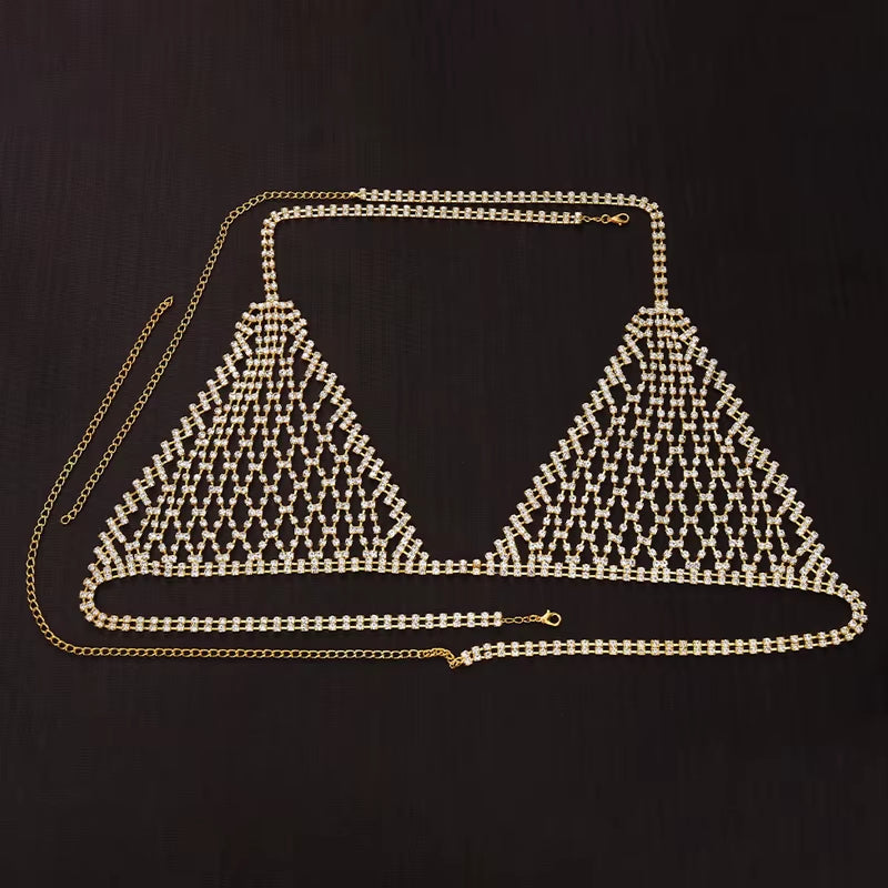 Stonefans Boho Rhinestone Grid Chest Chain and Thong Jewellery Lingerie Panties Women'S Harness Bra Sexy Mesh Bodies Accessories