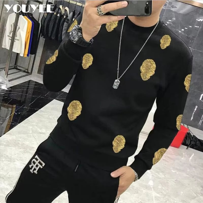 Men'S Full Diamond Luxury Hoodie Bling Bling Trendy Pullover Long Sleeved round Neck Thick Fleece Hoodie Winter Fashion Clothing