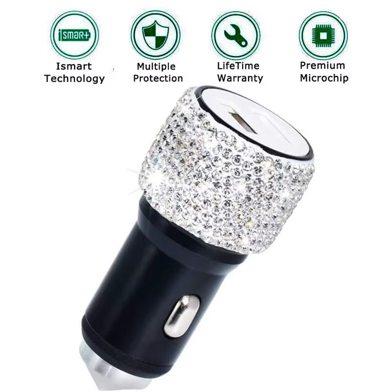 Dual USB Car Charger Bling Bling Handmade Rhinestones Crystal Car Decorations for Fast Charging Car Decors for Iphone/Samsung