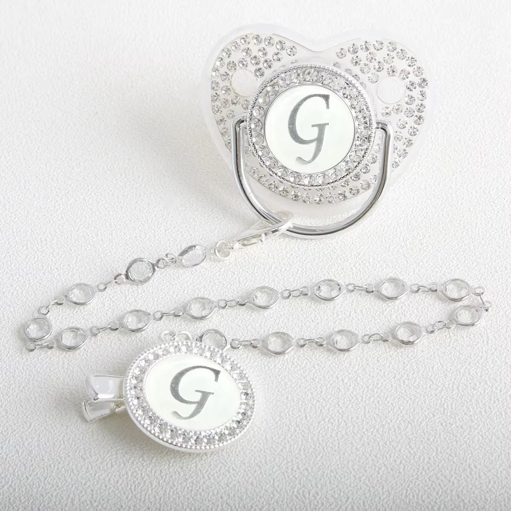 26 Initial Letter Transparent Baby Pacifier with Chain BPA Free Luxury Silver Dummy Soother