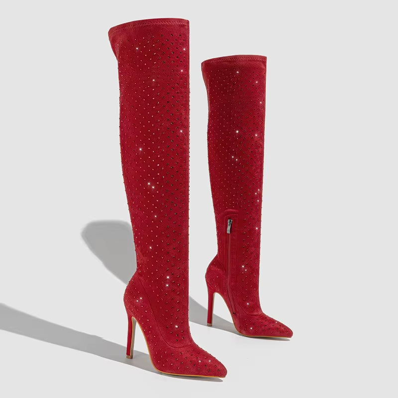 Bling Bling Rhinestones Faux Suede Elastic Women Thigh High Boots Fashion Autumn Winter High Heels over the Knee Long Boots Shoe