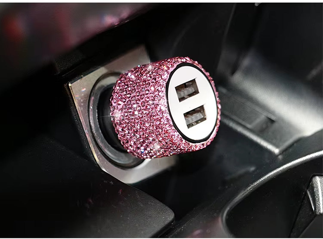 Dual USB Car Charger Bling Bling Handmade Rhinestones Crystal Car Decorations for Fast Charging Car Decors for Iphone/Samsung