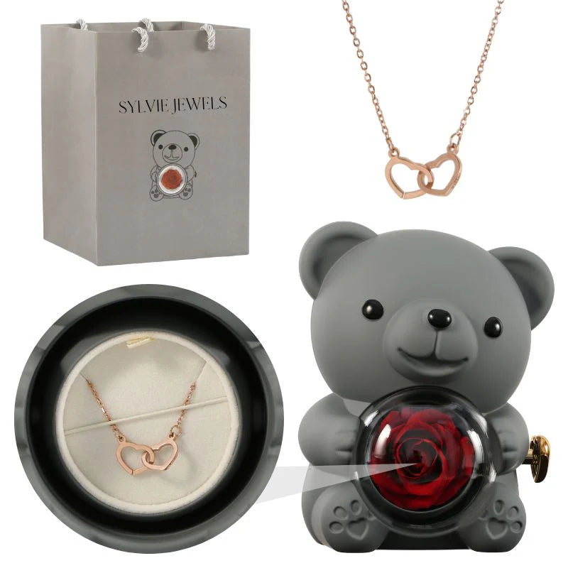 Ours Rose Éternelle Avec Collier Gravé