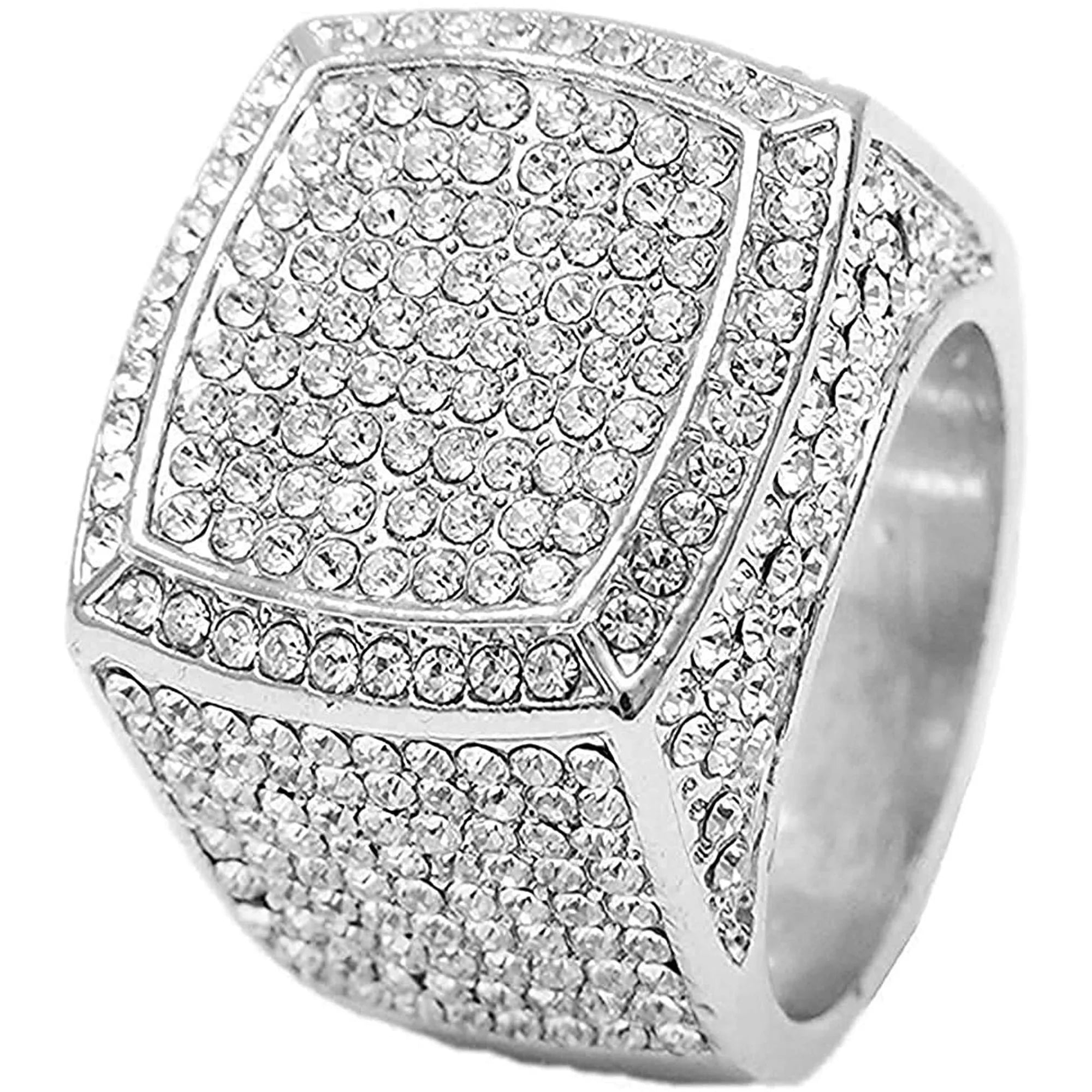 Silver Plated Bling-Ed Out Oblong Case Metal Mens Watch W/Matching Cuban Chain Bracelet, Cuban Necklace, Tennis Chain & Ring Size 9-8967CRNTS (9)