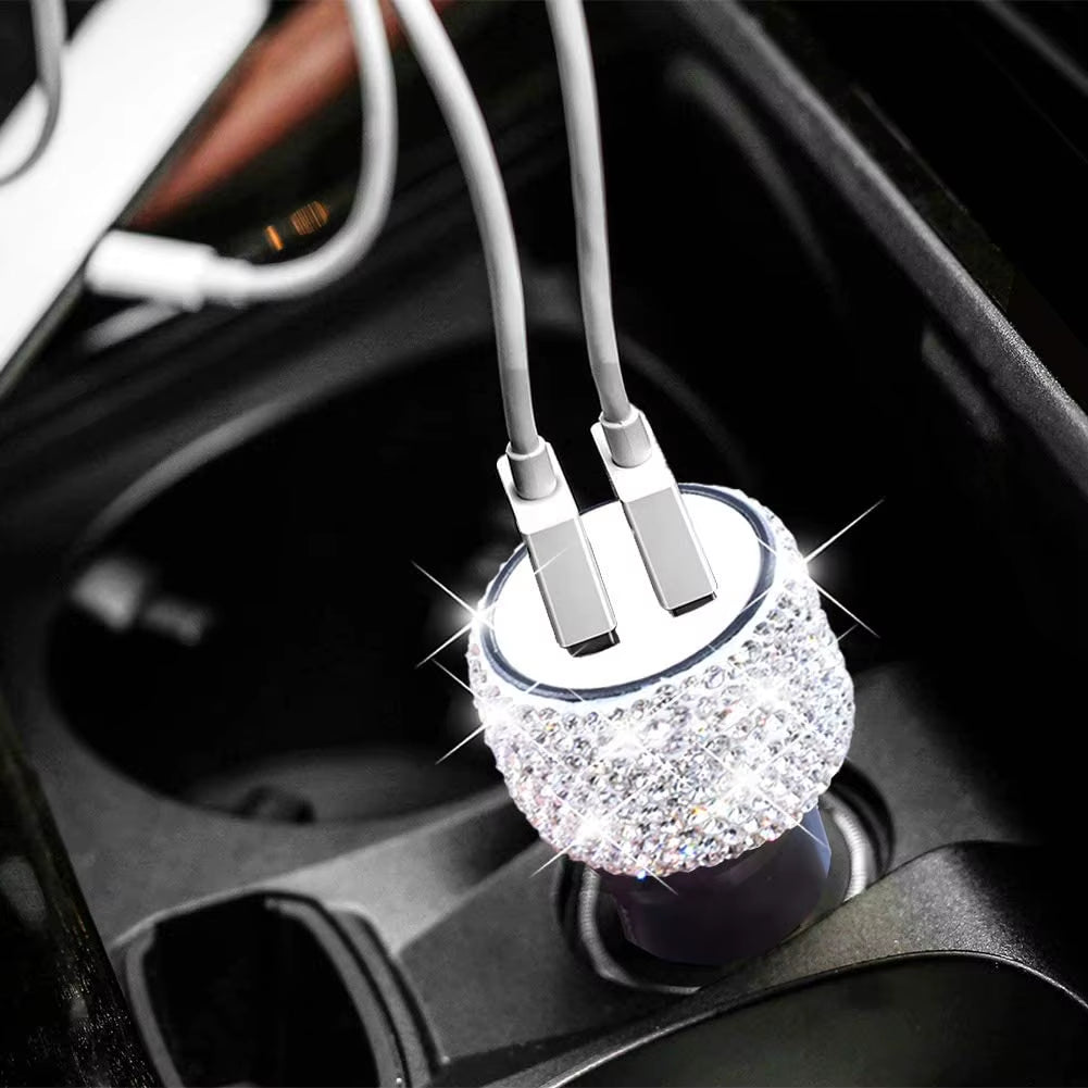 Dual USB Car Charger Bling Bling Handmade Rhinestones Crystal Car Decorations for Fast Charging Car Decors for Iphone/Samsung