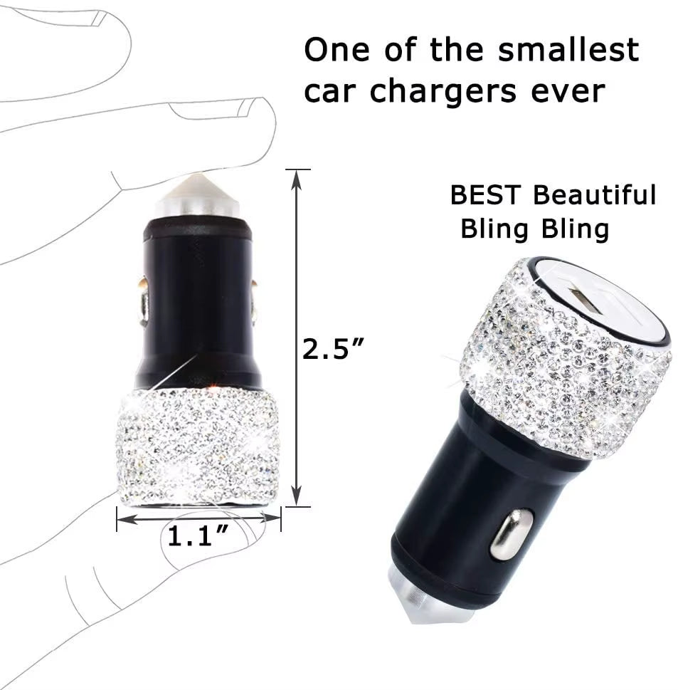 Dual USB Car Charger Bling Bling Handmade Rhinestones Crystal Car Decorations for Fast Charging Car Decors for Iphone/Samsung