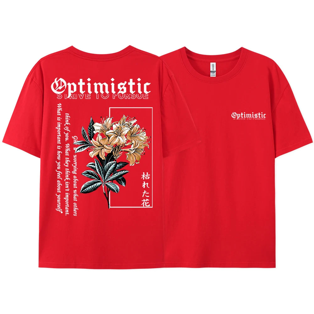 Optimistic Strive to Porsue Harajuku Flower Printing Male Tshirt Oversized Loose T Shirts Cotton T Shirts Breathable T-Shirts