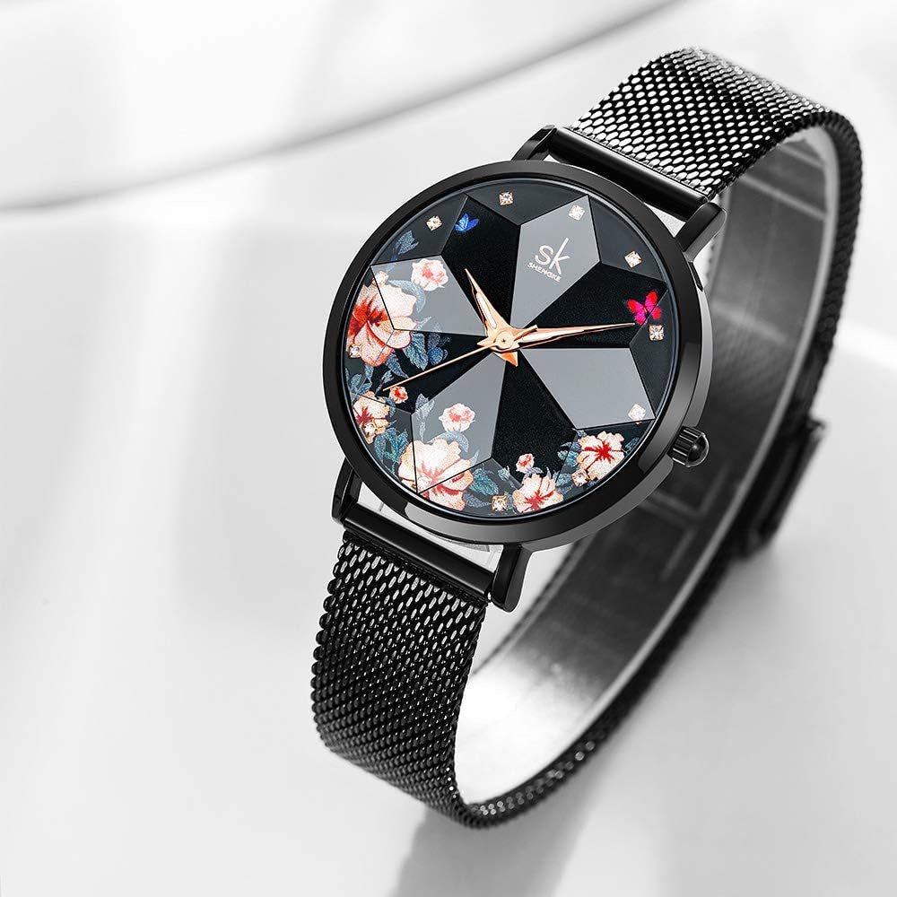 Creative Ultra Thin Minimalist Starry Sky Flower Dial Women Watch with Stainless Steel Mesh Band Genuine Leather Elegant Women Watches