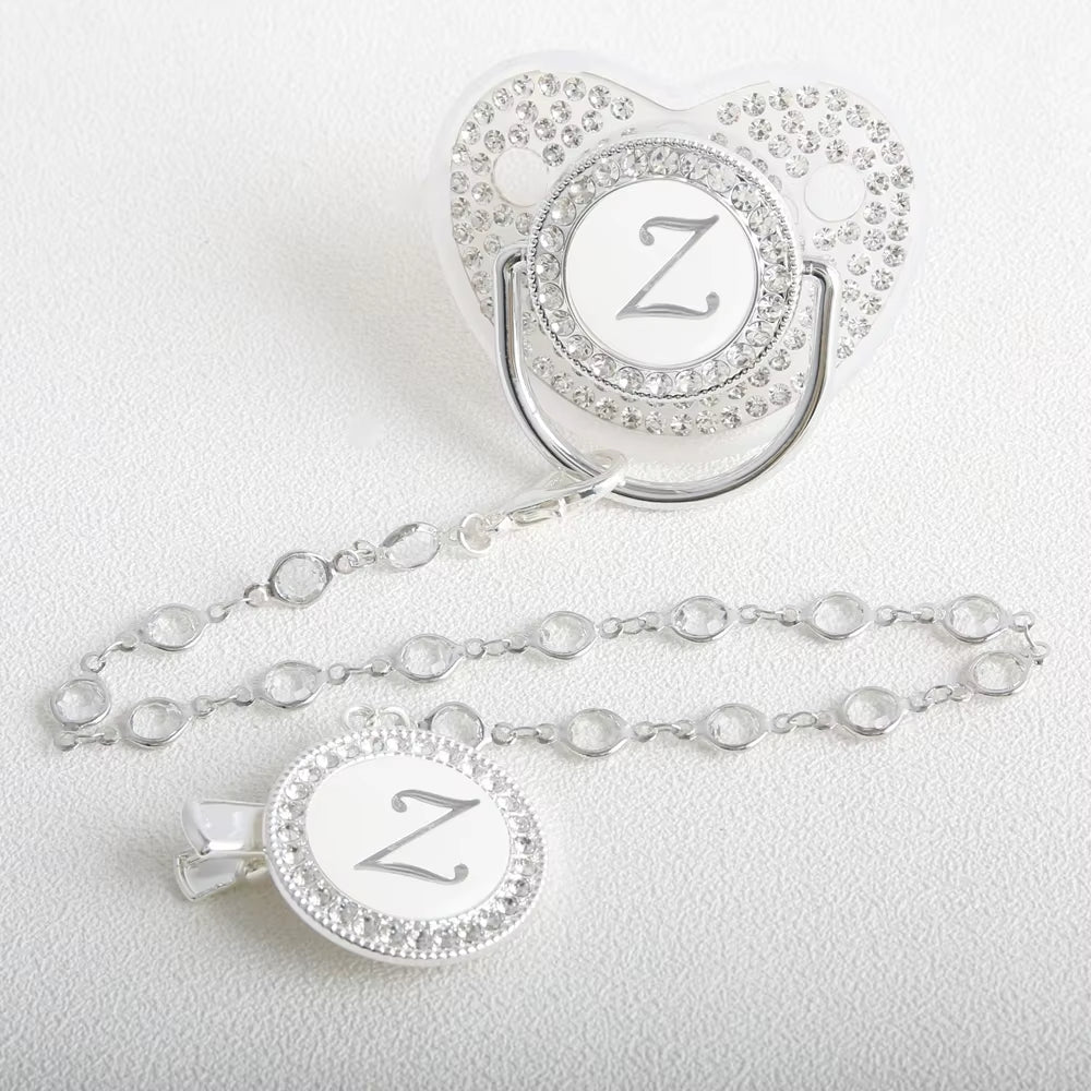 26 Initial Letter Transparent Baby Pacifier with Chain BPA Free Luxury Silver Dummy Soother
