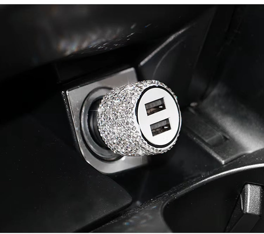 Dual USB Car Charger Bling Bling Handmade Rhinestones Crystal Car Decorations for Fast Charging Car Decors for Iphone/Samsung