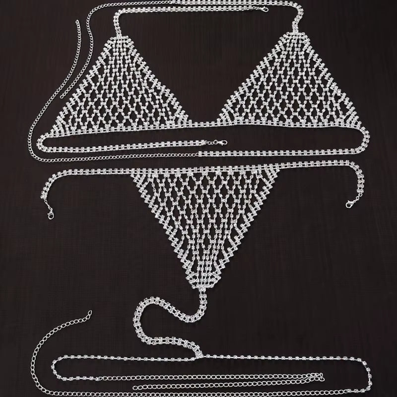 Stonefans Boho Rhinestone Grid Chest Chain and Thong Jewellery Lingerie Panties Women'S Harness Bra Sexy Mesh Bodies Accessories